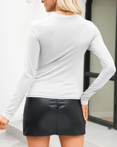 Miniatura 3 de RGOSME Camiseta básica de manga larga para mujer, cuello redondo, lisa, delgada, suave, para verano, primavera, entrenamiento suave