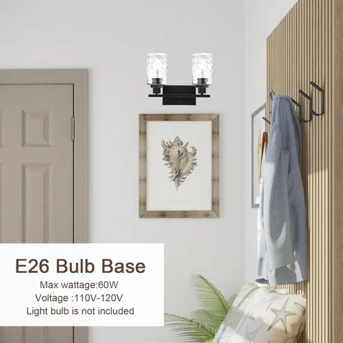 Miniatura 6 de MELUCEE Iluminación de pared interior 2 luces mate negra con vidrio martillado transparente, lámpara de pared moderna para tocador de baño