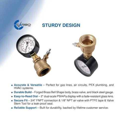 Miniatura 3 de Manómetro de Presión de Prueba de Gas 60 Libras, 60 PSI / 400 kPa, Conexión FNPT de 3/4", Válvula de Latón, Ensamble de Cuerpo con Forma de Campana