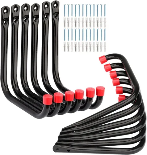 Miniatura 8 de Paquete de 12 ganchos en J de almacenamiento de garaje, perchas resistentes de 4.1 pulgadas para montaje en pared, color negro y rojo, 5.6 x 4.1 x