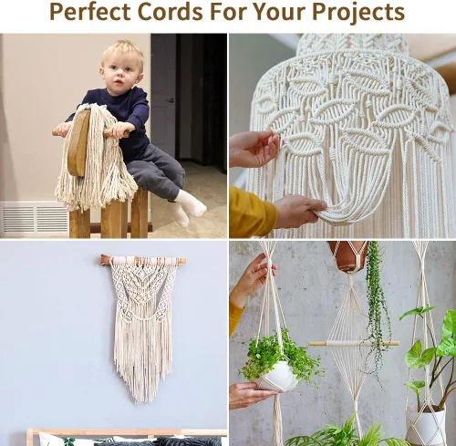 Miniatura 5 de Cordón de macramé de 5 mm x 165 yardas, cuerda de macramé de algodón natural - cuerda de algodón de macramé trenzada de 3 hilos para colgar