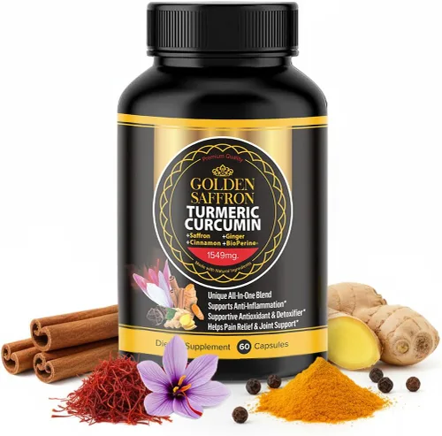 GOLDEN SAFFRON Suplemento de curcumina de cúrcuma con bioperina, azafrán, canela y jengibre, suplemento de alta potencia, sin OMG, sin gluten para