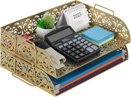 Miniatura 13 de EasyPAG, charola para escritorio de 2 niveles para cartas, diseño calado de flores, Negro