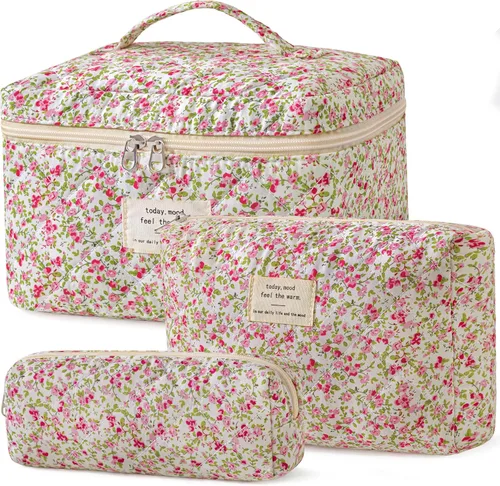 Miniatura 32 de HBselect Bolsa de maquillaje acolchada, 3 piezas de algodón grande, bolsa de maquillaje de viaje, bonita bolsa de maquillaje floral de coqueta