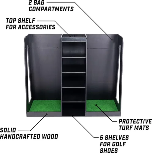 Miniatura 3 de GoSports Organizador de bolsas de golf de madera prémium y estante de almacenamiento, capacidad para 2 bolsas de golf, acabado negro, blanco o marrón