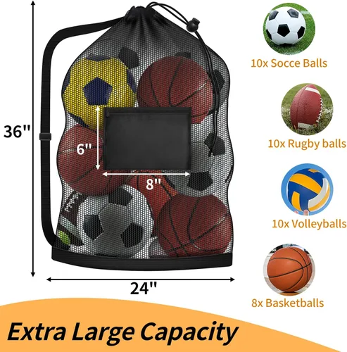 Miniatura 2 de Bolsa de Malla Extra Grande para Pelotas, Bolsa de Almacenamiento Resistente con Cordón, 61 cm x 91 cm, Capacidad para 8-10 Pelotas de Fútbol