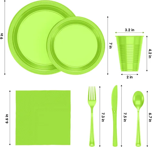 Miniatura 2 de Juego de 350 platos de plástico verde lima para fiestas, juego de platos desechables de color verde lima, 50 de cada juego de platos llanos de 9