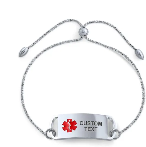 Pulsera personalizable con estilo de nombre y alerta médica, con cadena de eslabones para mujeres, adolescentes, acero inoxidable en tono plateado