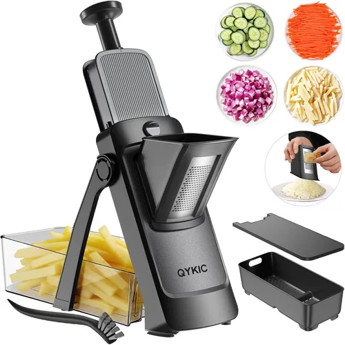 QYKIC Rebanador de mandolina seguro, picador de verduras, rebanador de papas, picador de cebolla con contenedor de almacenamiento de cesta de Negro