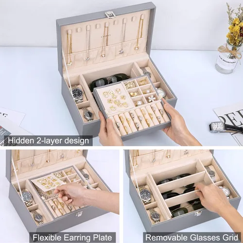 Miniatura 2 de LANDICI Joyero organizador para mujeres y niñas, estuche grande de 2 capas para hombres con bandeja extraíble, soporte de almacenamiento de joyas