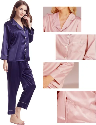 Miniatura 6 de Conjunto de pijama para mujer, pijama de satén de seda, pijama largo de 2 piezas, con botones, conjunto de pijama para descansar