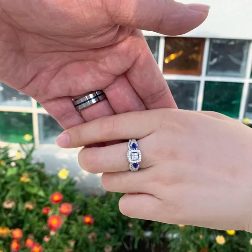 Miniatura 5 de Sheloves - Juego de anillos de boda para pareja, mujer, plata de ley con circonita cúbica para hombre, anillos de tungsteno azul para él y ella