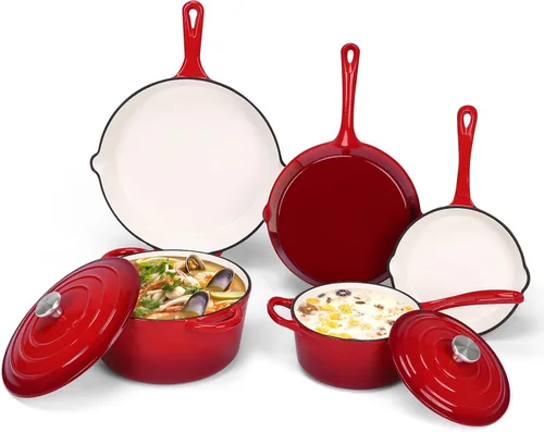 Miniatura 18 de QuliMetal Juego de utensilios de cocina de hierro fundido esmaltado antiadherente, sartén - juego de 7 piezas de ollas y sartenes con tapa, olla