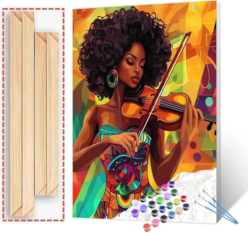 Miniatura 25 de Pintura de niña afro a la moda, kits de pintura por números, 16 x 20 pulgadas, lienzo de hojas tropicales, pintura al óleo para niños y adultos