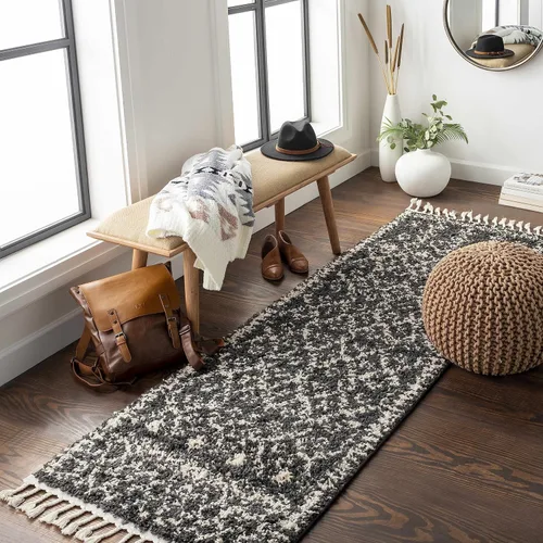 Miniatura 141 de Hauteloom, Duncans - Alfombra de estilo granja de pelo mullido para sala y dormitorio, con borlas - Beige, carbón, gris - 2 pies 7 pulgadas x 7 pies