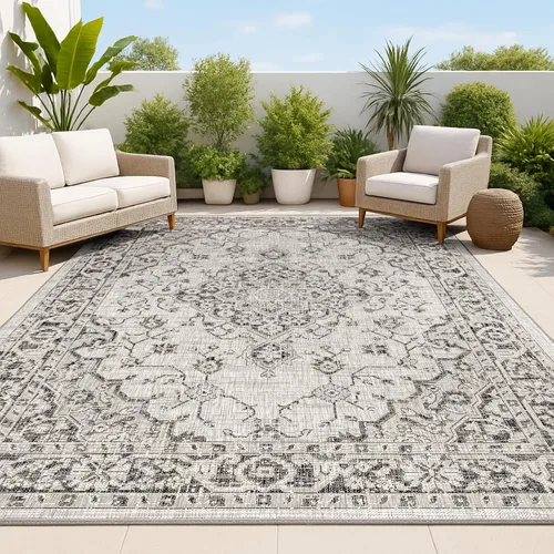 Miniatura 8 de JONATHAN Y Alfombra bohemia con medallón para interiores y exteriores, 2 x 8 pies, color gris/negro, tejido texturizado Rozetta para patio trasero