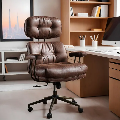 Miniatura 10 de Silla de oficina para el hogar con respaldo medio, silla de escritorio moderna de cuero de mediados de siglo, silla ejecutiva cómoda y giratoria