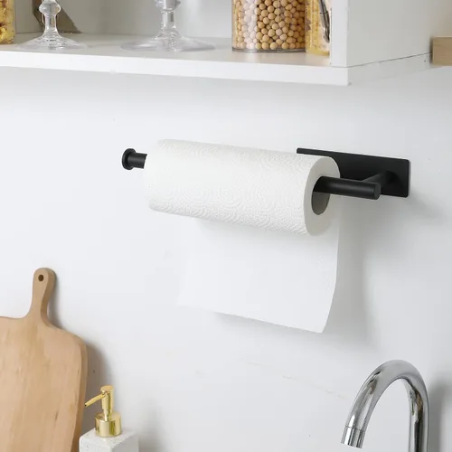 Miniatura 7 de theaoo - Toallero de papel para debajo del gabinete para cocina, toallero adhesivo para baño, montado en la pared, negro mate, acero inoxidable