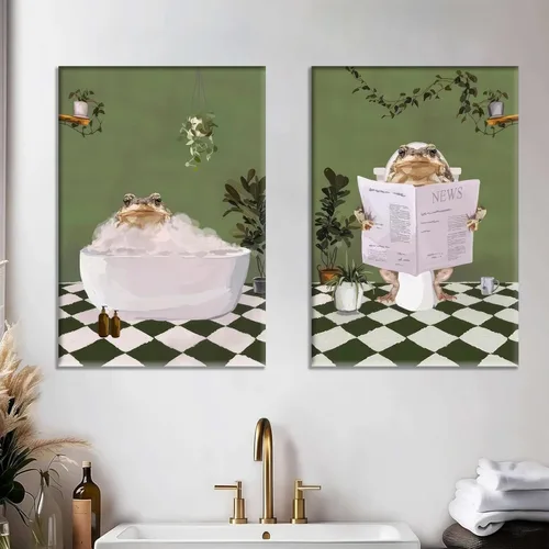 Miniatura 6 de 2 piezas de arte de pared de rana de baño, creatividad, estética, maximalista, verde, pósteres de imágenes de rana en la bañera, pintura en lienzo
