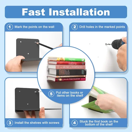 Miniatura 7 de Estantería flotante de libros FENTEC para pared, estantería flotante invisible montada en la pared, estanterías colgantes resistentes, estante