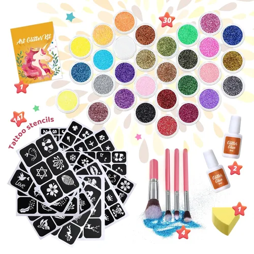 Miniatura 2 de Kit de tatuaje temporal de 30 colores para niñas, 147 plantillas, 4 pinceles, 2 pegamento, tatuajes con purpurina para niños o adultos, para niñas