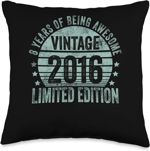 8 Year Old Vintage 2016 Limited Edition Bday Regalos retro de 8º cumpleaños para niñas y niños, almohada de 16 x 16 pulgadas, multicolor