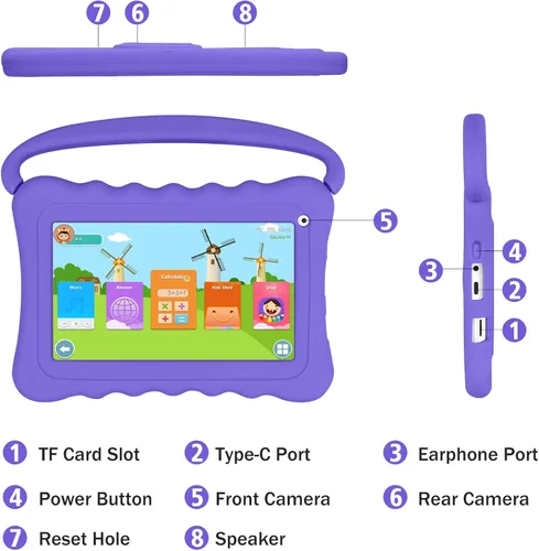 Miniatura 5 de Tableta infantil de 7 pulgadas para niños de edición para niños con doble cámara WiFi, tableta para niños pequeños de 32 GB Android con controles