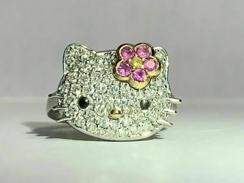 Miniatura 4 de Hello Kitty - Anillo de diamante de corte redondo de 2 quilates, plata de ley 925 maciza, anillo Art Deco, regalo de mujer, lindo anillo de gatito