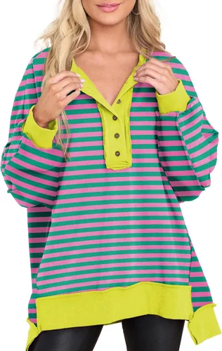 Miniatura 27 de AlvaQ - Sudadera de gran tamaño para mujer, informal, de manga larga, con botones y cuello Henley, tipo túnica