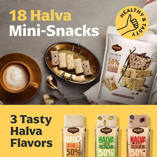 Miniatura 2 de Halva Tahini Bar Mini Snacks – Surtido de 18 aperitivos israelíes Halvah de pistacho, vainilla y cacao en grano – Snacks veganos Kosher sin gluten