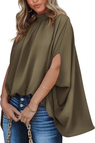 Miniatura 69 de BTFBM Blusas de verano para mujer, cuello alto falso, manga murciélago, holgadas, dobladillo alto y bajo, blusas informales de gran