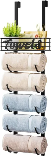 Miniatura 21 de HapiRm Toalleros para almacenamiento de baño, 3 niveles sobre la puerta y montaje en pared, organizador de toallas enrollado con cesta de estante