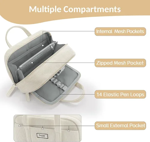 Miniatura 4 de Sooez Estuche grande para lápices, extra grande con 5 compartimentos, bolsa para bolígrafos de amplia apertura, organizador de pana suave con Beige