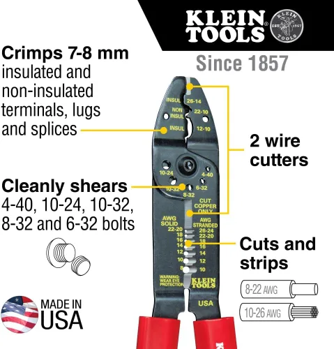 Miniatura 2 de Klein Tools 1001 Herramienta multiusos, fabricada en EE. UU., pelacables / cortador de alambre / crimpadora para 8-22 AWG, herramienta multiusos