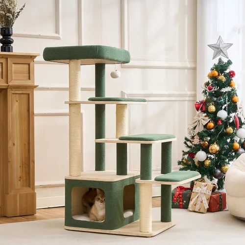 Miniatura 7 de Moderno árbol de madera para gatos grandes – Condominio de madera para gatos de 43.5 pulgadas con postes rascadores de sisal, cojines lavables, gran