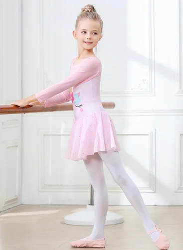 Miniatura 58 de EQSJIU Leotardo de baile de manga larga para niñas, vestido de ballet brillante con copo de nieve, tutú con falda tutú para niñas