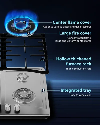 Miniatura 6 de Ranein Cocina de gas de 12 pulgadas y 2 quemadores, estufa de gas convertible de G/LPG, acero inoxidable 304 con protección contra incendios por