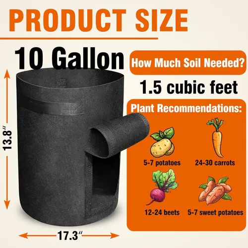 Miniatura 2 de Gardzen Paquete de 6 bolsas de cultivo de verduras sin BPA de 10 galones con solapa de acceso y asas, adecuadas para plantar papas, taro
