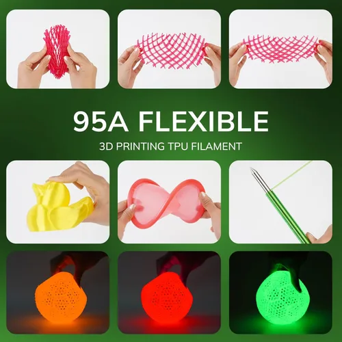 Miniatura 2 de AMOLEN Filamento de impresora 3D de TPU 95A, 0.069 pulgadas que brilla en el verde oscuro, filamento de impresión 3D flexible de TPU suave, alta