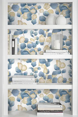 Miniatura 3 de Vinjiasin Papel tapiz bohemio para despegar y pegar, papel de contacto de hojas azules, papel tapiz floral moderno, autoadhesivo, extraíble, papel