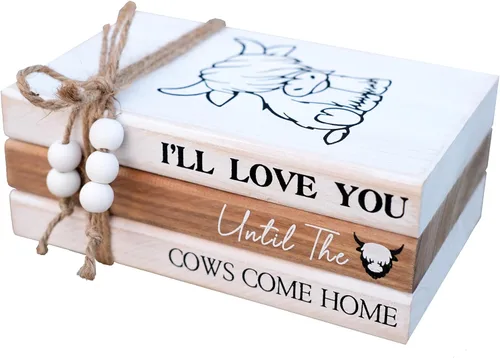 LIVDUCOT Highland Cow Wood Book Stacks Decor – Letrero decorativo rústico de granja para el hogar, mesa de café, manto, chimenea, estantes – I'll