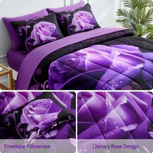 Miniatura 5 de WONGS BEDDING Juego de edredón morado tamaño completo, 7 piezas reversibles con patrón de rosas moradas en una bolsa, juego de edredón ligero