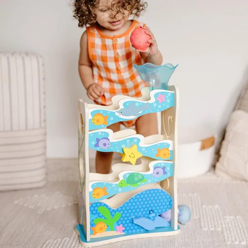 Miniatura 2 de Melissa & Doug Rollables Ocean Slide - Juguete de caída de pelotas de madera para bebé, 5 piezas de juguetes para bebés con temática oceánica