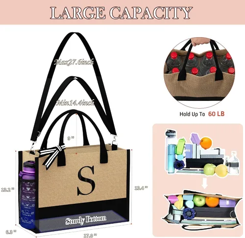 Miniatura 5 de Bolsa de yute con inicial, bolsa de playa de arpillera, regalos de cumpleaños personalizados para mujeres, profesores, mamá, regalos de dama de honor