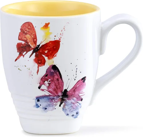 DEMDACO Taza Flock of Butterflies de Dean Crouser – Taza de café decorativa – Acuarela vibrante – Interior colorido – Mango de agarre cómodo – Gres