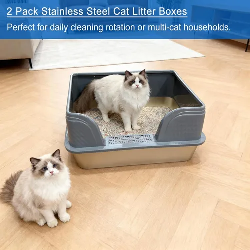 Miniatura 7 de Paquete de 2 cajas de arena de acero inoxidable para gatos con tapa de cara alta, 23.6 pulgadas de largo x 15.8 pulgadas de ancho x 11.8 pulgadas