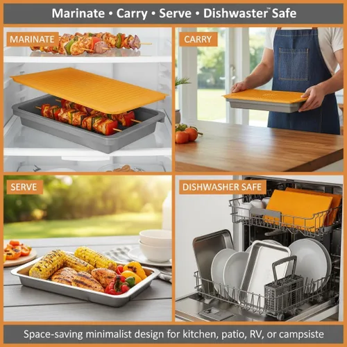 Miniatura 5 de Yukon Glory Prep 'N Serve - Juego de bandeja para preparar y servir BBQ con tapa + Plato para servir de acero inoxidable - Apilable, apto