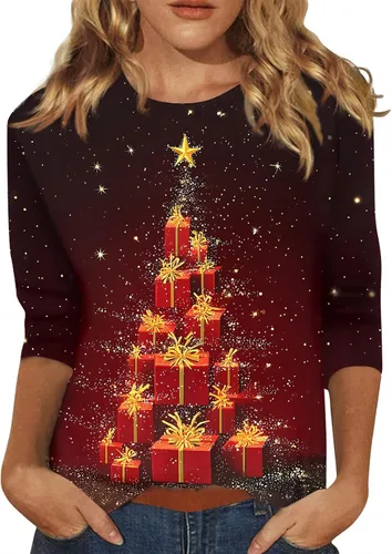 Miniatura 55 de Camisetas de manga 3/4 para mujer, cuello redondo, holgadas, casuales, con estampado floral, camisetas de moda para el trabajo de negocios