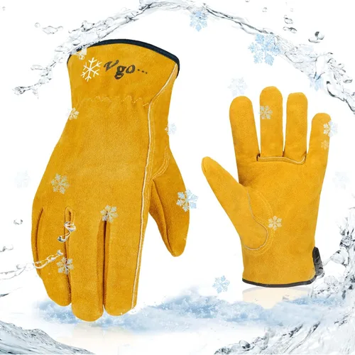 Miniatura 15 de Vgo... 2 pares de guantes de trabajo y conductor de cuero de vaca de invierno con forro de 32 ℉ o superior (talla XL, crema, CA9501F)