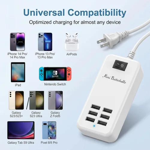 Miniatura 6 de 6 puertos USB Cargador Hub Escritorio Enchufe de EE. UU. Alimentación de CA Adaptador de carga de viaje de pared ranuras Estación de carga Extensión